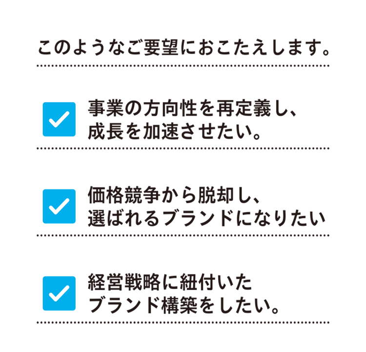このようなご要望におこたえします。1.事業の方向性を再定義し、成長を加速させたい。2.価格競争から脱却し、選ばれるブランドになりたい。3.経営戦略に紐付いたブランド構築をしたい。